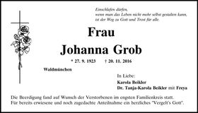 Traueranzeige Johanna Grob