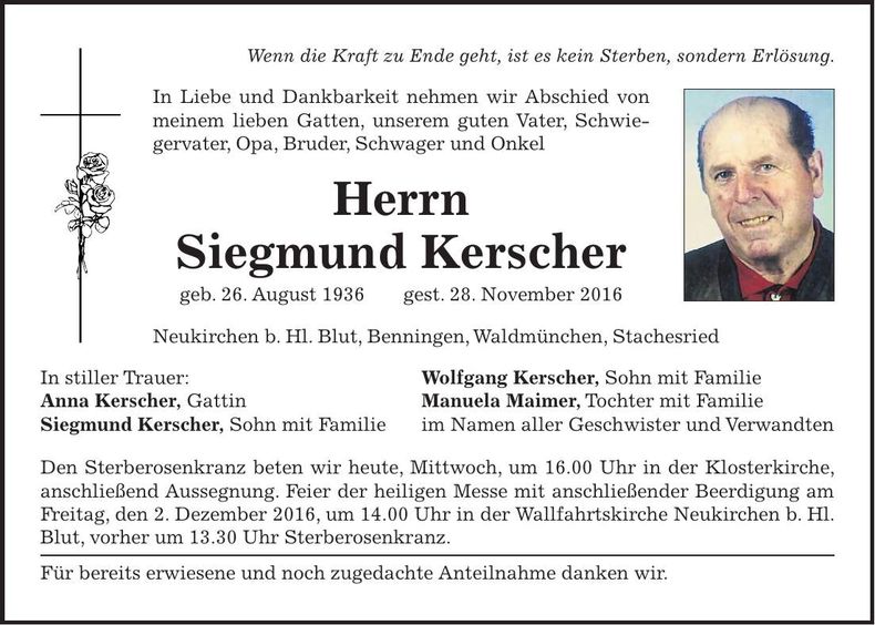 Traueranzeige Siegmund Kerscher