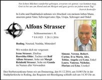 Traueranzeige Alfons Strasser