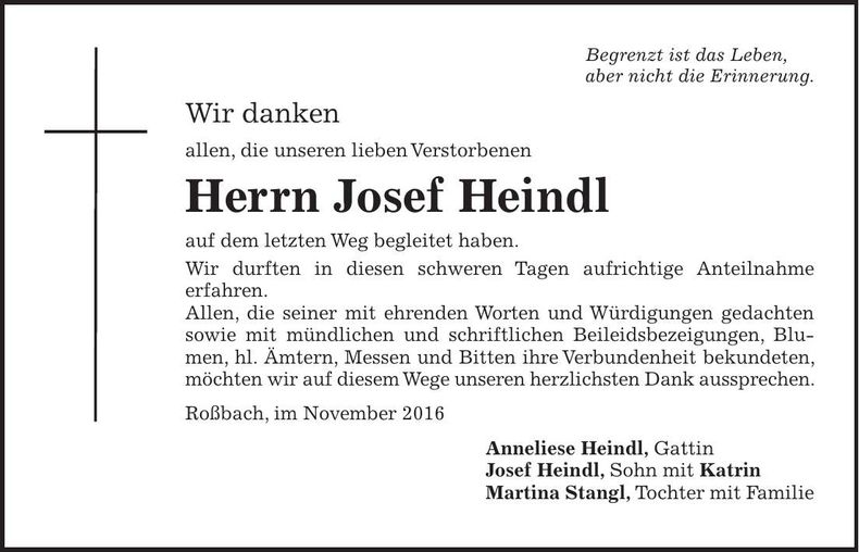 Traueranzeige Josef Heindl