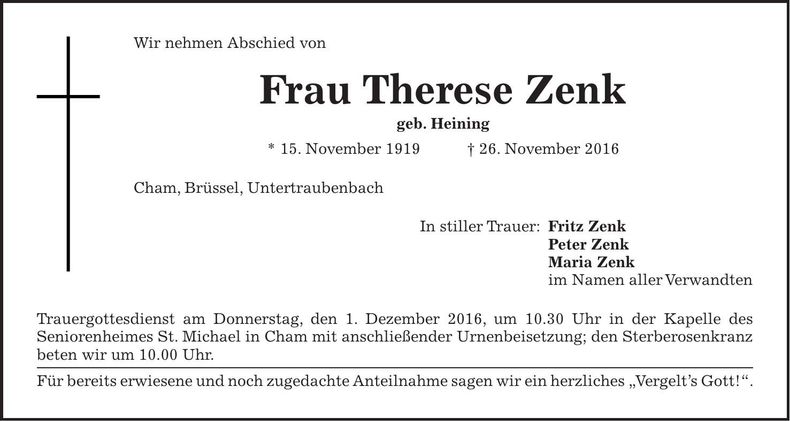 Traueranzeige Therese Zenk
