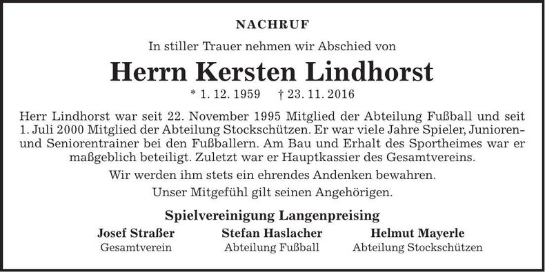 Traueranzeige Kersten Lindhorst
