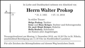 Traueranzeige Walter Prokop
