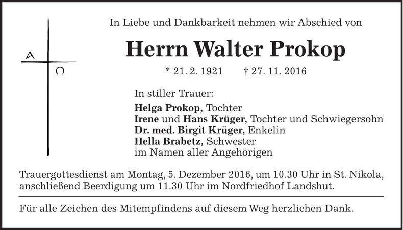 Traueranzeige Walter Prokop