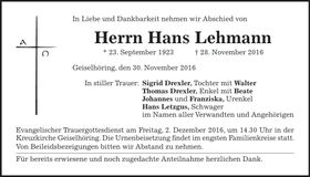 Traueranzeige Hans Lehmann