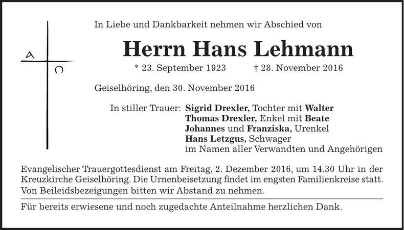 Traueranzeige Hans Lehmann