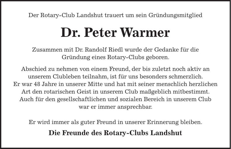 Traueranzeige Peter Warmer