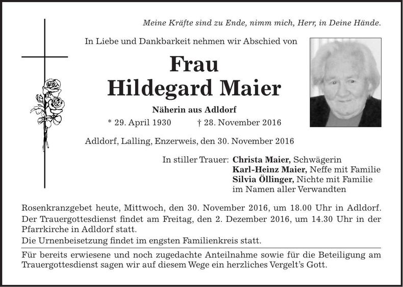 Traueranzeige Hildegard Maier