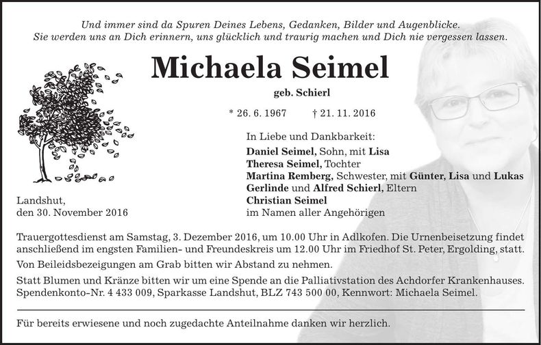 Traueranzeige Michaela Seimel