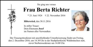Traueranzeige Berta Richter