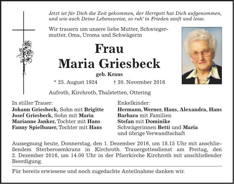 Traueranzeige Maria Griesbeck