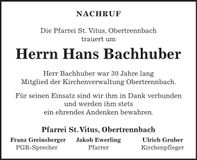 Traueranzeige Hans Bachhuber