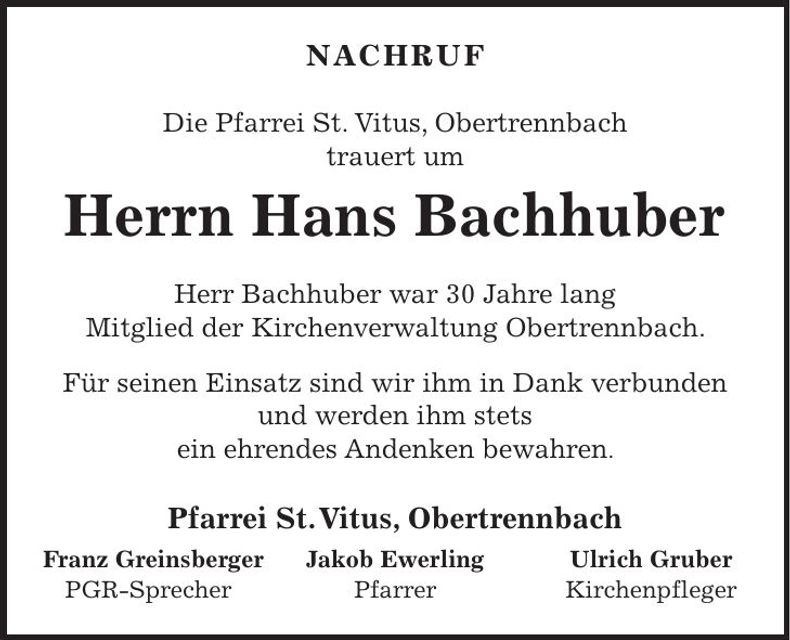 Traueranzeige Hans Bachhuber