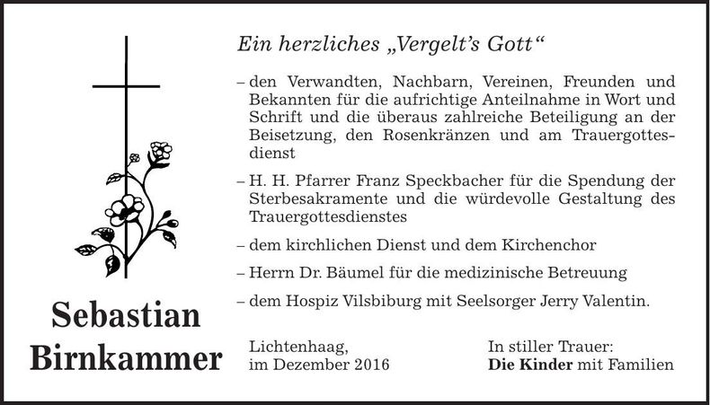 Traueranzeige Sebastian Birnkammer