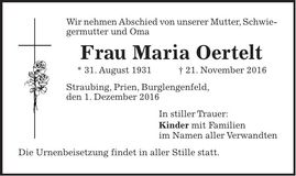 Traueranzeige Maria Oertelt