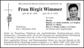 Traueranzeige Birgit Wimmer