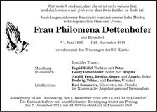 Traueranzeige Philomena Dettenhofer