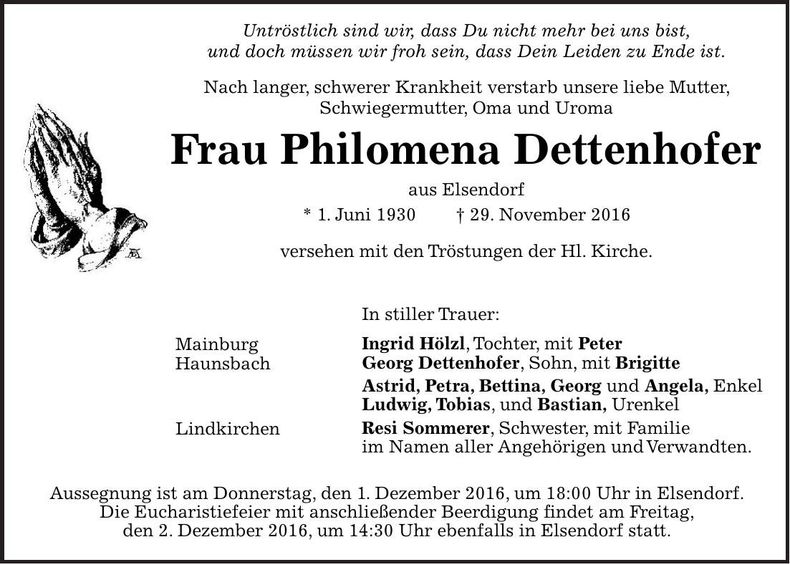 Traueranzeige Philomena Dettenhofer