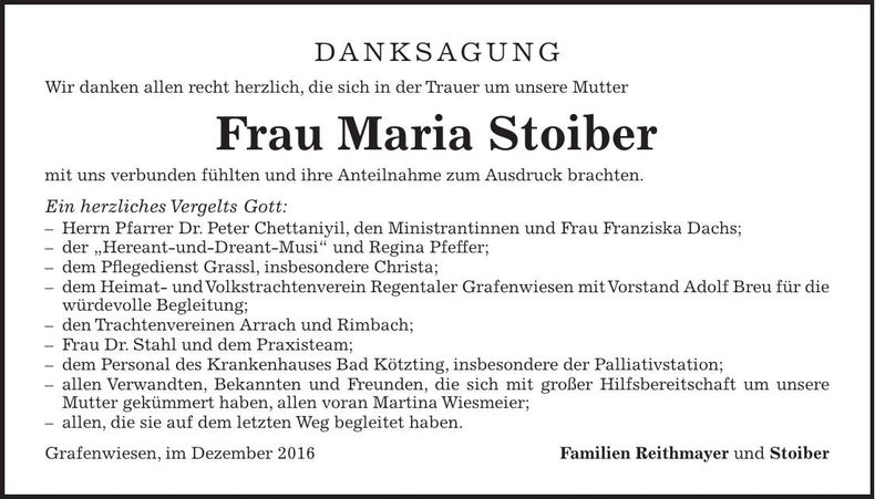 Traueranzeige Maria Stoiber