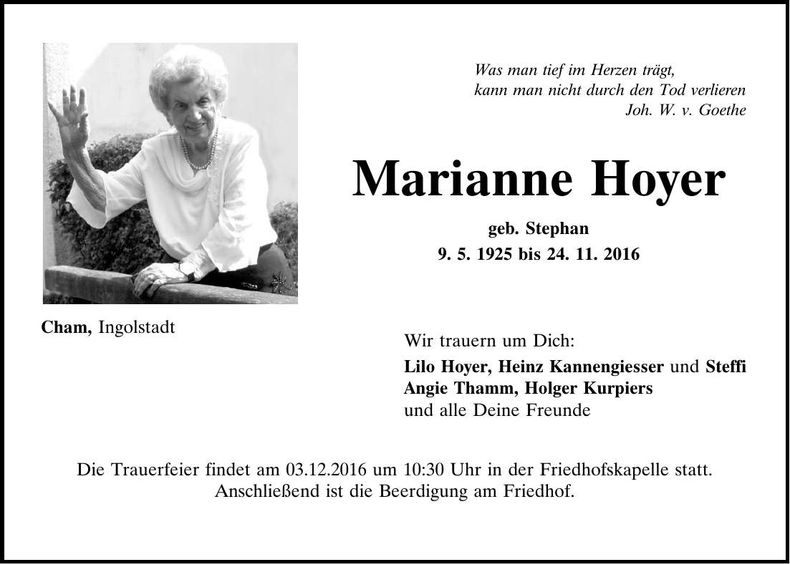 Traueranzeige Marianne Hoyer
