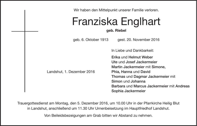 Traueranzeige Franziska Englhart