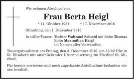 Traueranzeige Berta Heigl