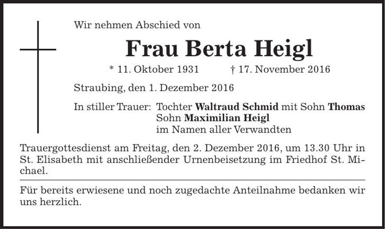 Traueranzeige Berta Heigl