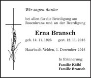 Traueranzeige Erna Bransch
