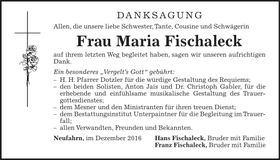 Traueranzeige Maria Fischaleck
