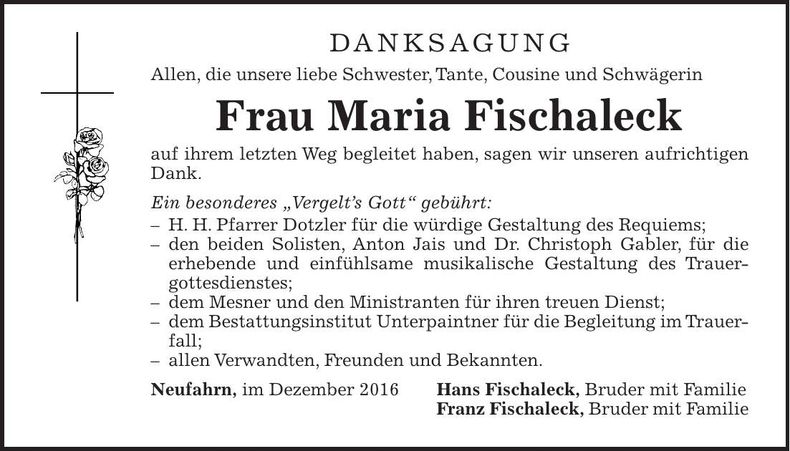 Traueranzeige Maria Fischaleck