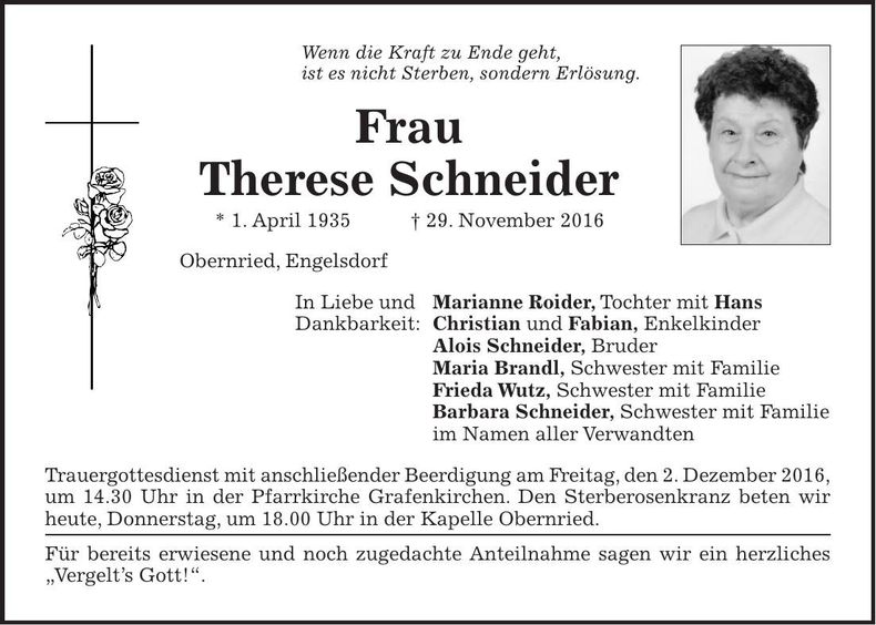 Traueranzeige Therese Schneider