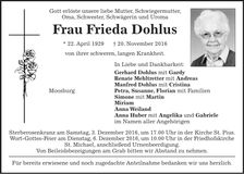 Traueranzeige Frieda Dohlus