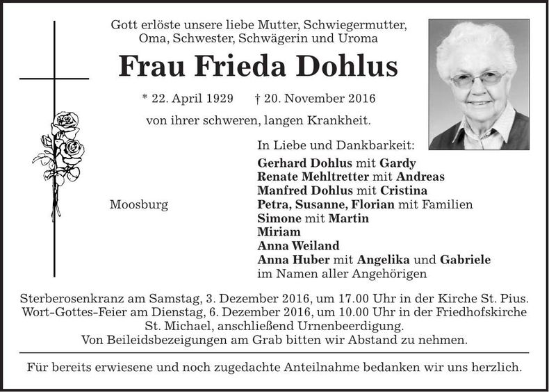 Traueranzeige Frieda Dohlus