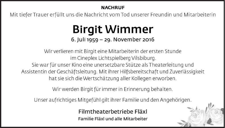 Traueranzeige Birgit Wimmer