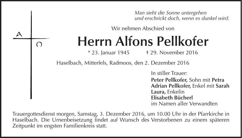 Traueranzeige Alfons Pellkofer