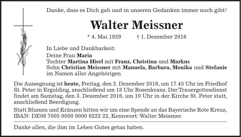 Traueranzeige Walter Meissner