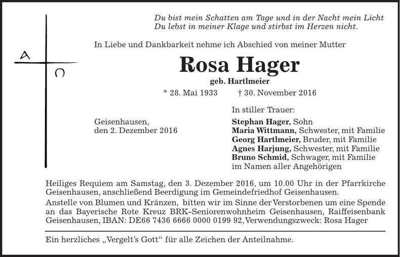 Traueranzeige Rosa Hager