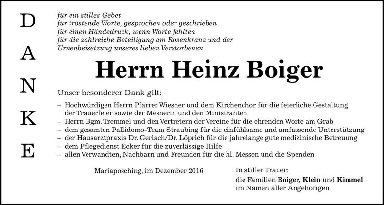Traueranzeige Heinz Boiger