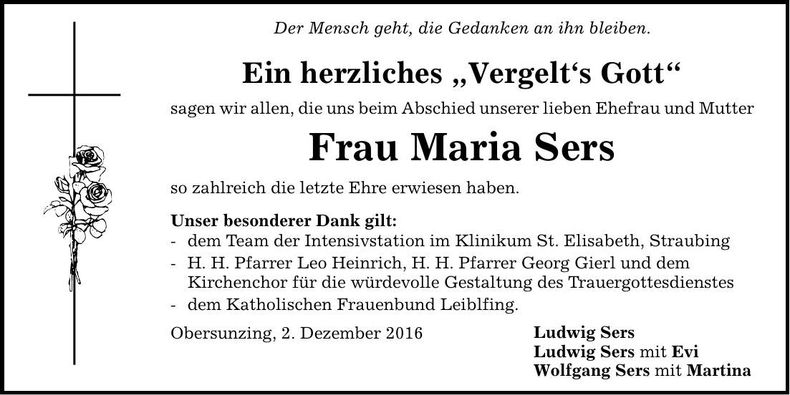 Traueranzeige Maria Sers