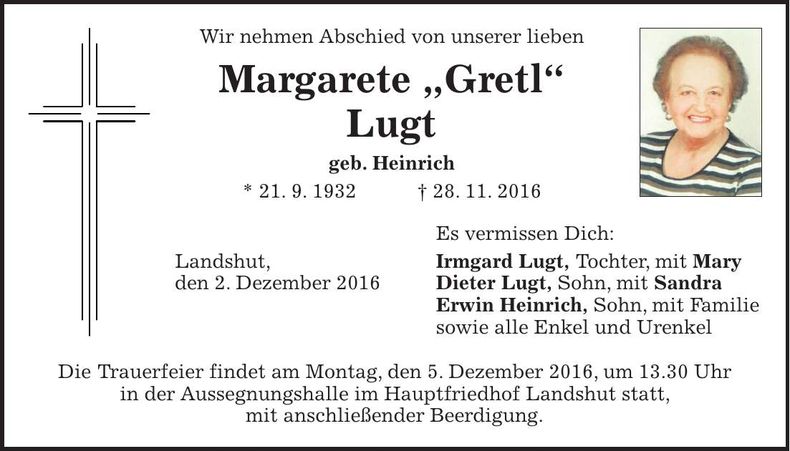 Traueranzeige Margarete Lugt