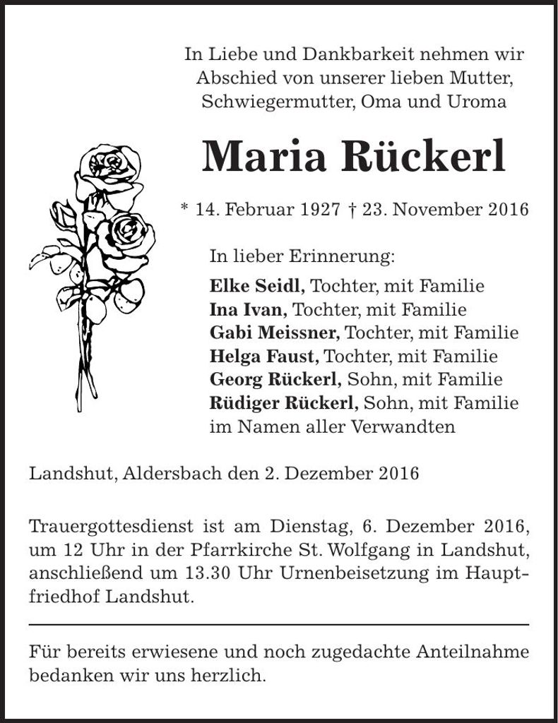 Traueranzeige Maria Rückerl