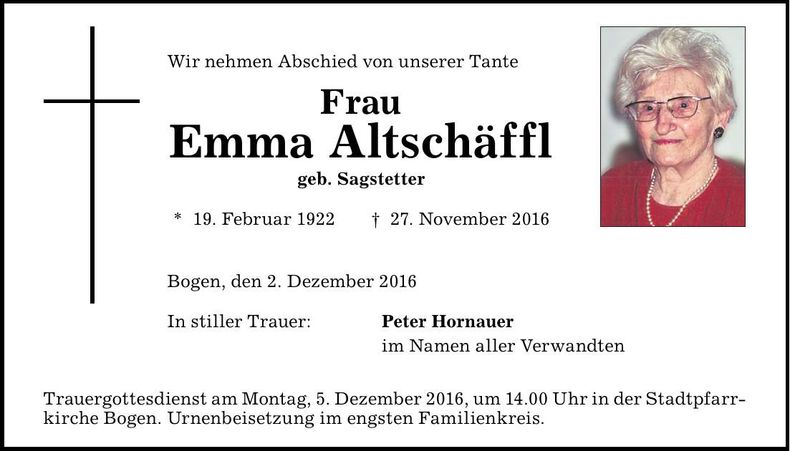 Traueranzeige Emma Altschäffl