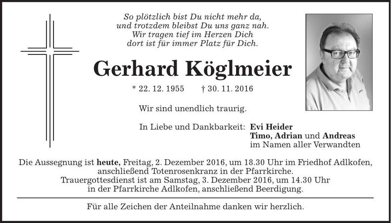 Traueranzeige Gerhard Köglmeier