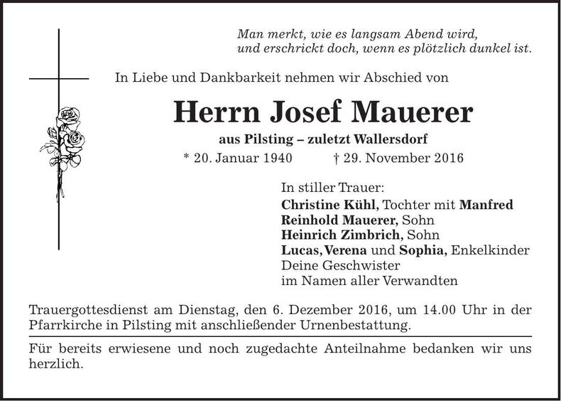 Traueranzeige Josef Mauerer