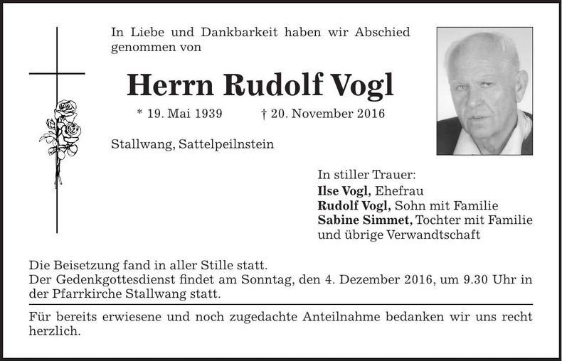 Traueranzeige Rudolf Vogl