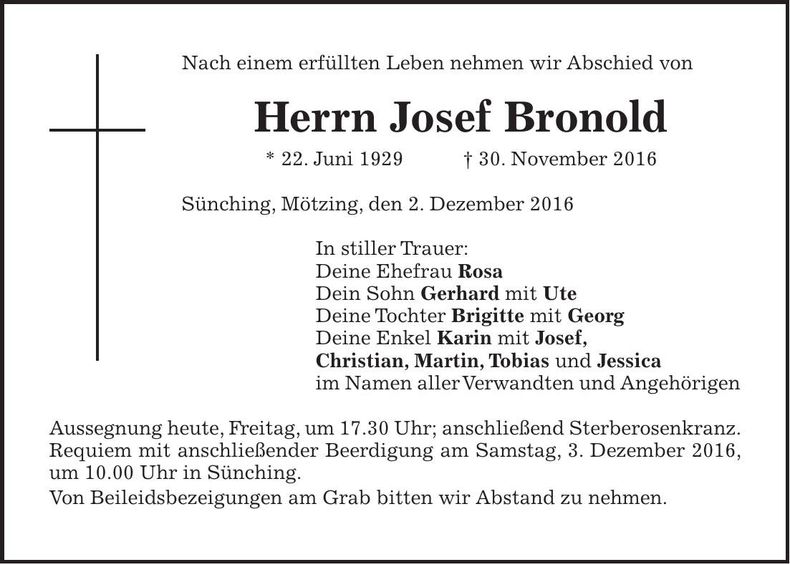 Traueranzeige Josef Bronold