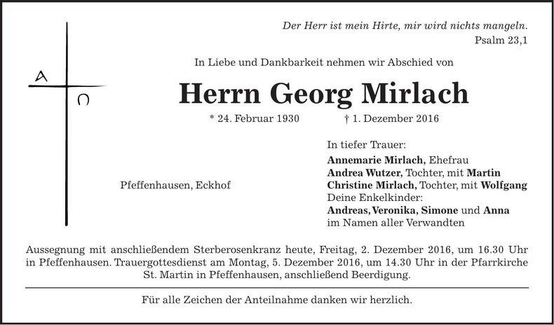 Traueranzeige Georg Mirlach