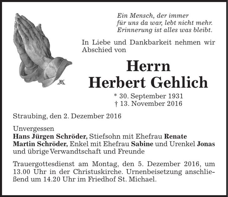 Traueranzeige Herbert Gehlich