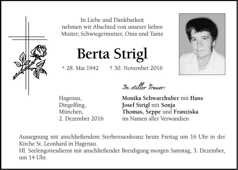 Traueranzeige Berta Strigl