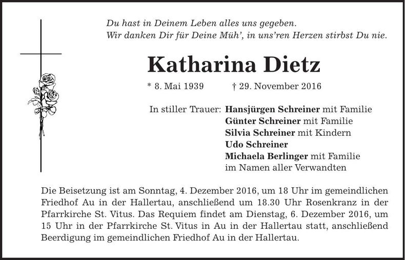 Traueranzeige Katharina Dietz